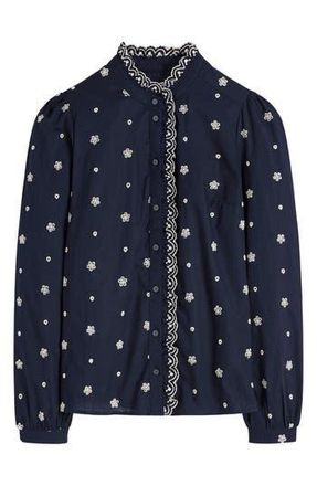 Boden Helena Floral Embroidered Cotton Button-Up Shirt in Navy Broderie at Nordstrom Rack, Size 14