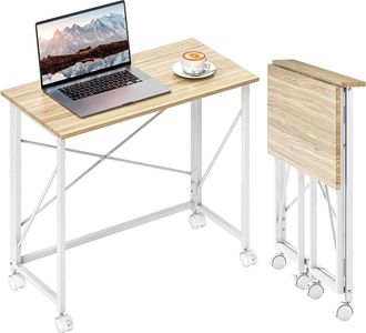 HOMCOM Folding Desk on Wheels - Writing Table for Home Office - Natural Wood Finish | TJ Hughes