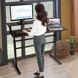 Costway Costway - 2-Tier Standing Desk Sit to Stand Workstation Ergonomic Computer Table Brown