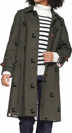 Vilagallo Cherry Print Coat In Olive Green