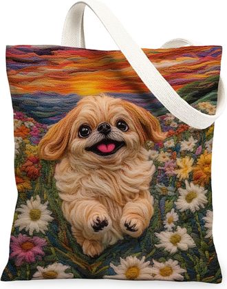 Generic Spring Bichon Frise Dog Canvas Tote Bag for Shopping 13x15, Knitting Style Garden Puppy Reusable Grocery Print Bag for Women, Fun Pet Beach Aesthetic 