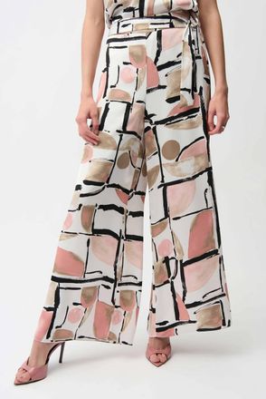 Joseph Ribkoff Satin Abstract Print Wide Leg Pull-On Pants In Beige