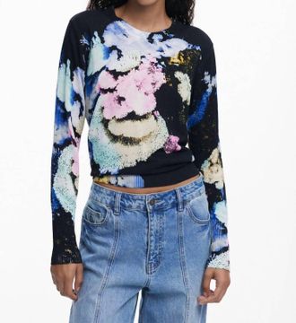 Desigual Jers Nenufar Lacroix Thin Gauge Sweater In Space Blue