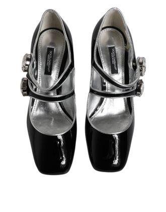 Dolce & Gabbana Womens Black Patent Leather Crystal Mary Jane Pumps Shoes Calf Lamb