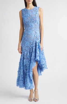 Oscar De La Renta Porcelain Flowers Asymmetric Guipure Lace Dress in Hydrangea at Nordstrom, Size 10