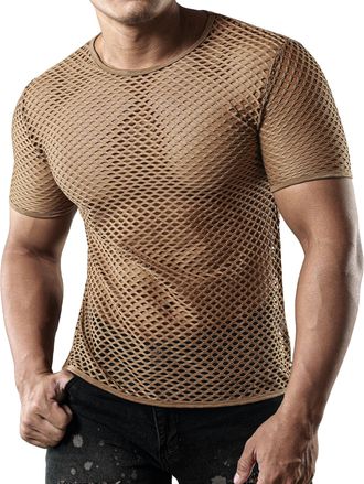 JOGAL Mens Short Sleeve Mesh Fishnet Fitted Muscle Top Brown XX-Large