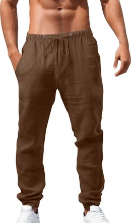 Generic Linen Trousers Mens - Mens Cotton Linen Pant Long Loose Fit Summer Trousers for Men Gym Elasticated Waistband Beach Pants Man Straight Leg Jogging Yog