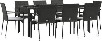 vidaXL Set De Comedor De Jard&iacute;n 9 Pzas Y Cojines Rat&aacute;n Sint&eacute;tico Negro Vidaxl