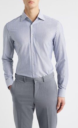 Eterna Slim Fit Stripe Non-Iron Dress Shirt in Grey Blue at Nordstrom, Size 17.5 - L