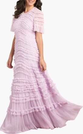 Needle & Thread Amara Round Neck Ruffle Gown in Powder Lilac at Nordstrom, Size 14