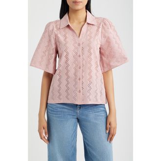 Bobeau Eyelet Embroidered Button-Up Shirt in Dusty Pink at Nordstrom, Size X-Large