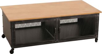 Hhg [nunca Usado] Mesa De Centro Hhg-030, Mesa De Sof&aacute;, Ruedas 2 Compartimentos, Estructura 3d Retro Industrial Metal Madera 45x120x60cm, Negro, Natural