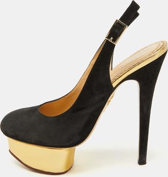 Charlotte Olympia Black Suede Dolly Slingback Platform Pumps