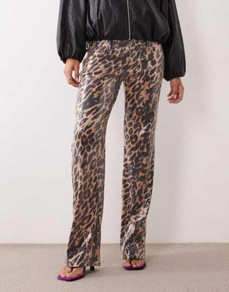 Lioness Heartbreaker pantaloni dritti a vita bassa con paillettes in safari sequin-Multicolore