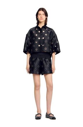 Sandro Oversized shirt with rhinestones holes in Black at Nordstrom, Size X-Large
