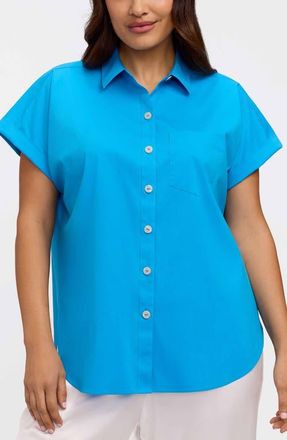 Foxcroft Abigail Short Sleeve Button-Up Shirt in Malibu Blue at Nordstrom, Size 3X