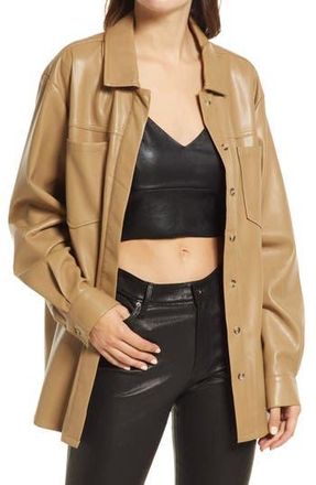Good American Faux Leather Split Back Button-Up Shirt in Warm Caramel003 at Nordstrom Rack, Size 3X-Large