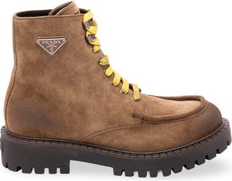 Prada Aged Suede Lace-Up Ankle Boots