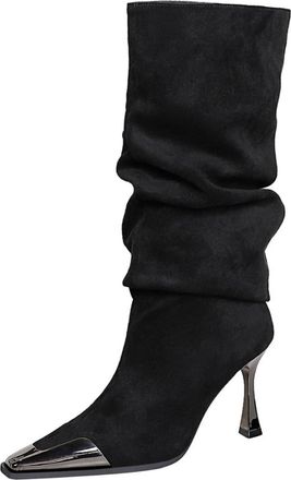 Generic High Boots Women Sexy Pointed Toe Fashion Long Tall Boots 8.5CM Faux Suede Slouch Pleated Work Office Ankle Boot (Black,3.5)