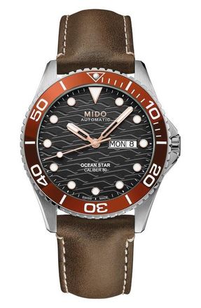 Mido Ocean Star 200C Automatic Leather Strap Watch, 42.5mm in Brown at Nordstrom