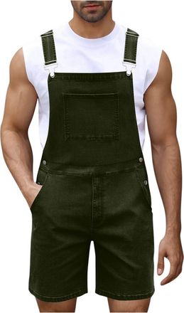 Generic Mens Denim Overalls Bibs and Brace Dungarees Zipper Pocket Short Jumpsuit Solid Color Casual Jeans Shorts Work Coveralls