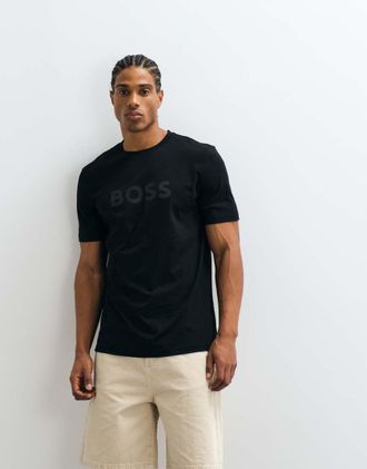 Boss Orange by Hugo Boss T-shirt nera vestibilit&agrave; classica con logo tono su tono-Nero