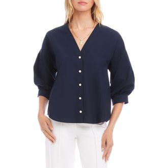 Karen Kane Lantern Sleeve Cotton Button-Up Shirt in Navy at Nordstrom, Size X-Small