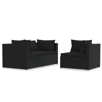 vidaXL Set De Muebles De Jard&iacute;n 3 Pzas Y Cojines Rat&aacute;n Sint&eacute;tico Negro Vidaxl