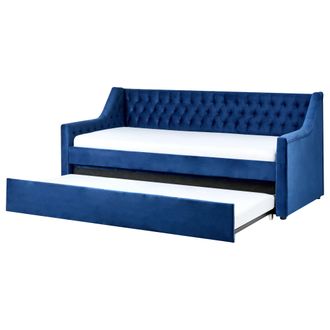 Beliani Cama Con Somier De Terciopelo Azul Marino 90 X 200 Cm Con Botones Montargis