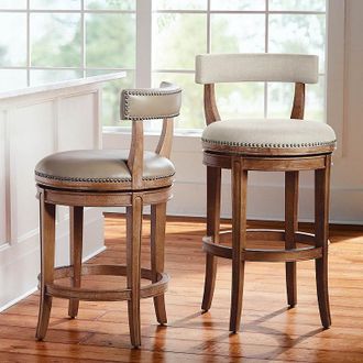 Frontgate Henning Low Back Swivel Bar & Counter Stool - 26 Counter Height, Washed Pecan Counter Stool, Khaki Linen Performance, Set of Three - Frontgate