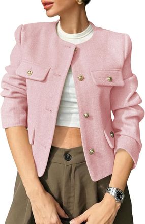 Generic Autumn Winter New Womens Tweed Short Blazer with Buttons, Commuting Style, Fashionable and Versatile (Pink,L)