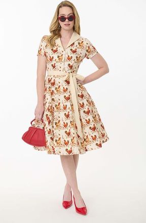 Unique Vintage 1950s Collared Shirt Dress in Beige Rooster Print at Nordstrom, Size X-Large