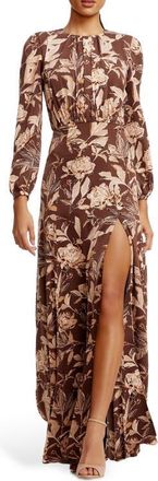 Dress The Population Joni Floral Long Sleeve Satin Gown in Mocha Multi at Nordstrom, Size Small