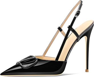 Generic Womens Slingback Stiletto Heels Pointed Toe High Heel Dress Shoes Patent Leather Buckle Strap Classic Formal Footwear for Wedding & Evening Party,Blac