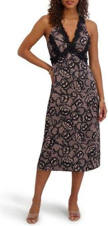 Siena My Balconia Printed Satin Midi Dress in Black/Blush at Nordstrom Rack, Size 10