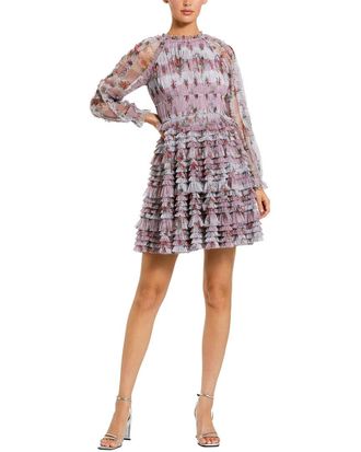Mac Duggal Floral Mesh Long Sleeve Ruffle Mini Dress