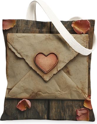 Generic Vintage Romantic Canvas Tote Bags, Heart Letter Design Reusable Grocery Bags, Rustic Washable Shoulder Strap Canvas for Shopping Beach Travel 13x15 In