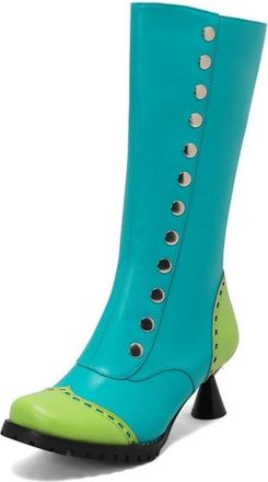 Generic Womens Vintage Colorblock Round Toe Kitten Heel Boots Side Zipper Mid Calf with Studded Decor Brouge Party Performance Shoes (5.5,Green)