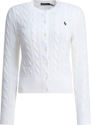 Polo Ralph Lauren Braided Crewneck Cardigan With Logo Knitwear Bianco-Donna