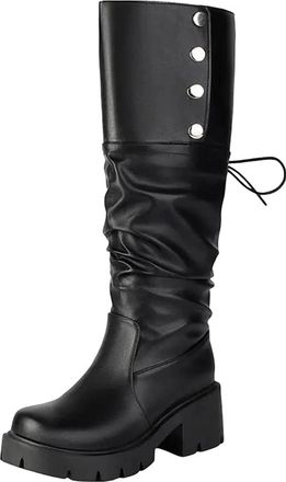 Generic Womens Casual Knee High Boots Round Toe High Block Heel Platform With Slip On Design And Metal Trim For Daily Wear