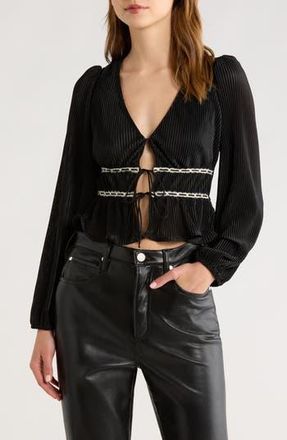 All in Favor Tie Front Satin Pliss&eacute; Top in Black at Nordstrom Rack, Size X-Large