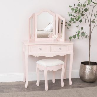 Melody Maison Pink Dressing Table, Mirror, Stool Set - Sophia Pink Range in Pale Pink