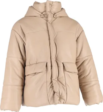 Nanushka Button-Down Padded Hooded Down Jacket in Beige Faux Leather