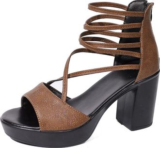 Generic Womens Chunky Block High Heels Platform Sandals Ankle Strap Zip Up Comfort Open Toe Casual Dress Pumps Shoes (Brown,7.5)