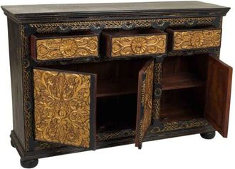 Wanderlust Deco Aparador de madera tallada negro 147x45x96