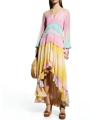 Rococo Sand Zale Metallic Pastel High-Low Rainbow Maxi Dress In Multicolor