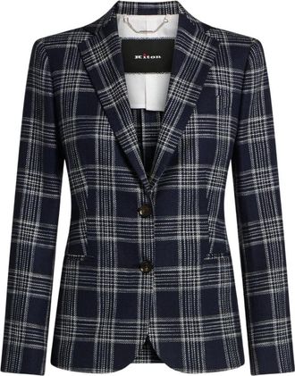 Kiton Getailleerd Jasje met Ruitpatroon - Dames - Blazers - Blauw - S - Leer - Jassen