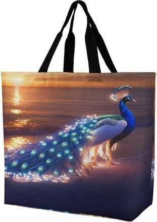 Generic Peacock Beach Sunset Large Reusable Shopping Bag Lightweight Foldable Tote Bags Washable Shoulder Handbag