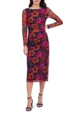 Vince Camuto Floral Ruched Long Sleeve Body-Con Midi Dress in Berry at Nordstrom Rack, Size 16