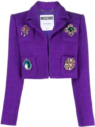Moschino crystal-embellished wool-blend cropped jacket - women - Polyamide/Wool/Acetate/Silk/Acrylic/Polyester/glass - 42 - Purple